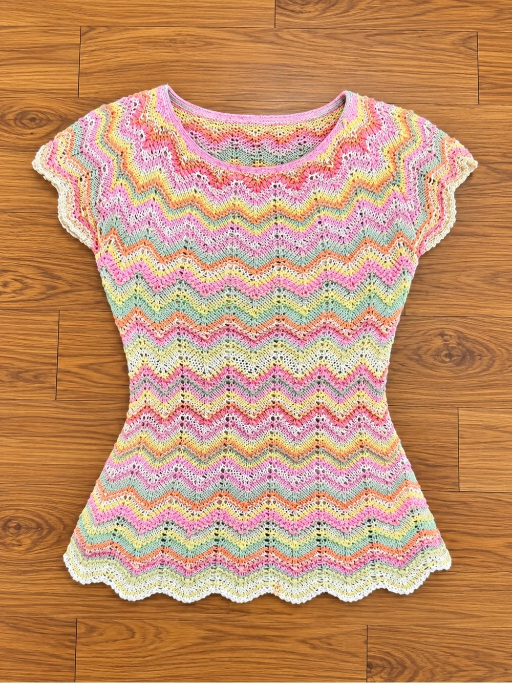 Sigrid Olsen Pastel Zigzag Crochet Tee in Pink, Yellow, Mint & Cream